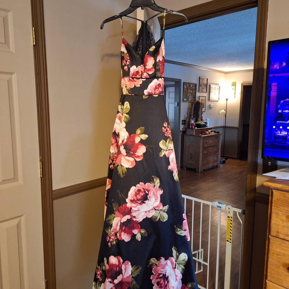 Sequin Hearts Black Floral Prom Dress